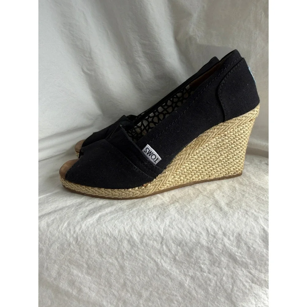 TOMS Women Black Canvas Peep Toe Espadrille Wedge Sandals Size 7